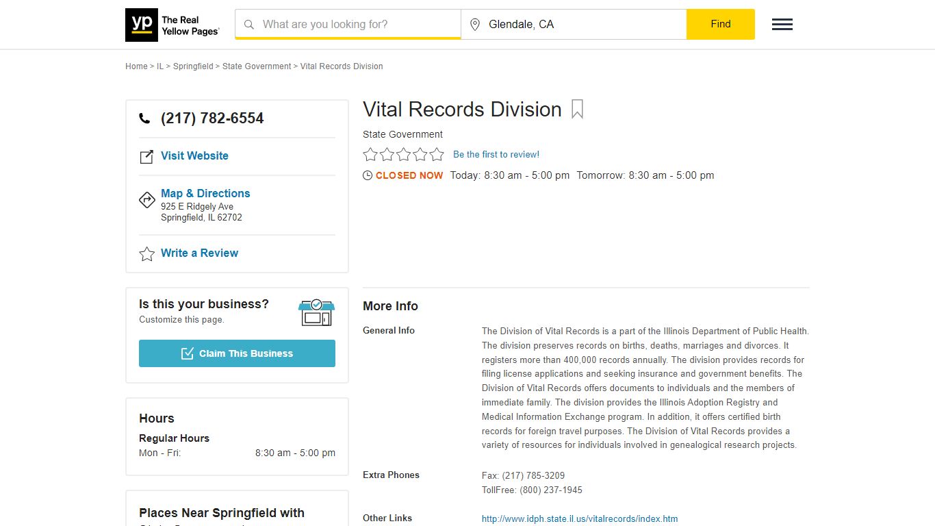 Vital Records Division 925 E Ridgely Ave, Springfield, IL 62702 - YP.com